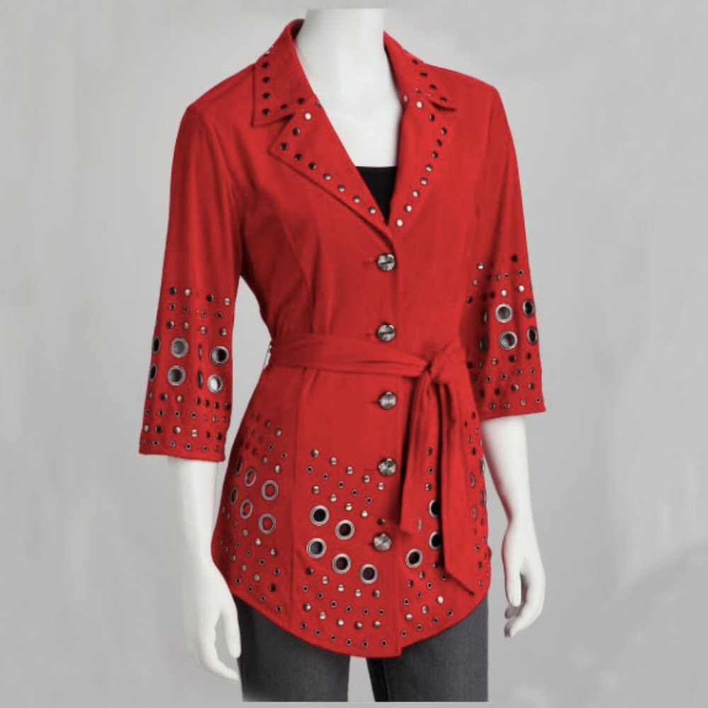 Red Studded Tie-Waist Button-Up